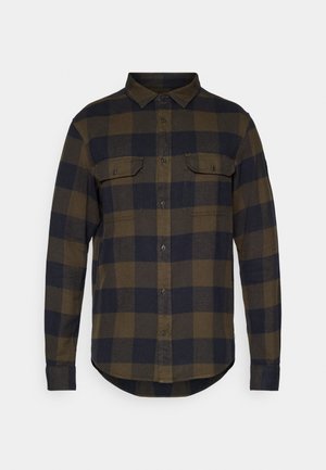 Men's long-sleeve flannel shirt in dark green and navy plaid, with a button-down collar and two chest pockets. Fabric has a soft texture.