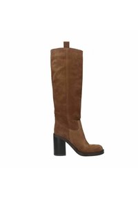 Bottine marron en daim jusqu'au genou avec un talon bloc, un bout arrondi et une tirette en haut. Texture lisse et design épuré.