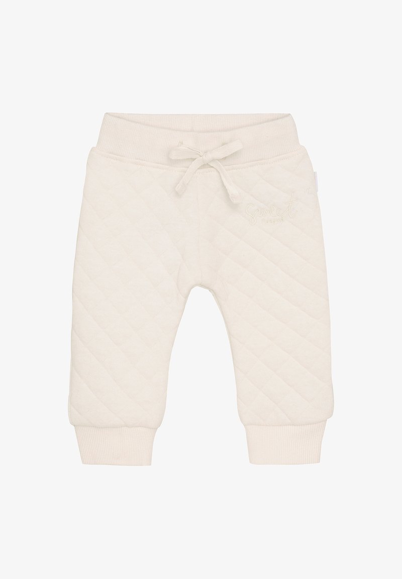 Crème gekwiltte sweatpants met een geribde tailleband en boorden. Bevat een bijpassend trekkoord en een subtiele geborduurde logo-detail.