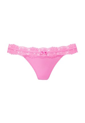 Pink women's thong underwear with lace waistband and small bow detail centered on front against white background.