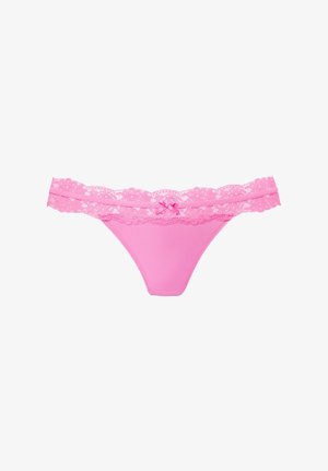 Pink women's thong underwear with lace waistband and small bow detail centered on front against white background.