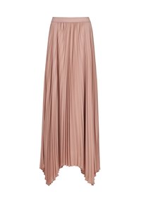Plissé midi rok van zachtroze stof, met een elastische tailleband en een asymmetrische zoom met een langere achterkant, gladde textuur.