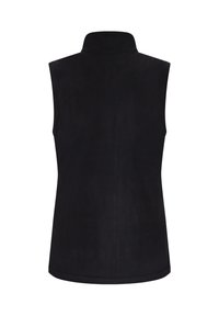 Vesta din fleece neagră fără mâneci, cu guler înalt și textură netedă, având un design simplu, fără embellishments și fără închideri vizibile.