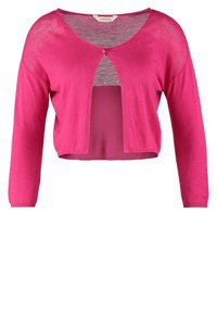 Cardigan court rose vif à manches longues, fermeture par un bouton en haut et détails en mesh aux épaules et en haut du dos.
