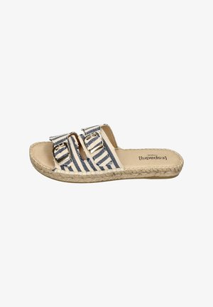Espadrille slide sandal with two adjustable blue and white striped fabric straps, a beige leather footbed, and a braided jute sole.