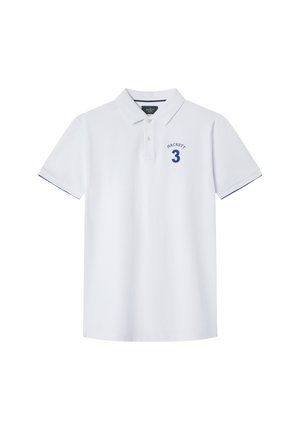Hvid polo skjorte med blå accenter, der har en tre-knaps placket, broderet "HACKETT" logo og nummer "3" på brystet.