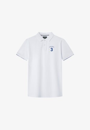 Bílá polo košile s modrými akcenty, s tříknoflíkovou légou, vyšitým logem "HACKETT" a číslem "3" na hrudi.