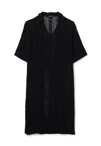 Schwarzes Kurzarmkleid aus strukturierter Strickware, mit einem V-Ausschnitt und vertikalen Zickzackmustern im gesamten Design.