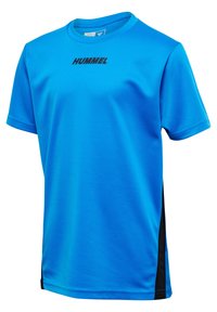 Blaues kurzärmeliges Sportshirt mit schwarzen Seitenteilen und „HUMMEL“-Logo in Schwarz auf der Brust.