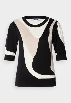 Pull DKNY à manches courtes avec motifs abstraits noirs, blancs et beiges, col rond et poignets côtelés pour la texture. Matière en maille douce.