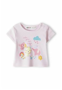 Světl růžové tričko s krátkými rukávy a vodorovnými pruhy. Má barevné motivy zvířat, květiny a mraky. Na rameni jsou dva cvoky na zapínání.