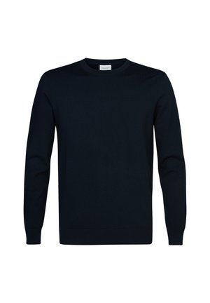 Navyblauer Pullover aus weichem Strickstoff, mit Rundhalsausschnitt und langen Ärmeln, mit gerippten Bündchen und Saum für eine taillierte Passform.