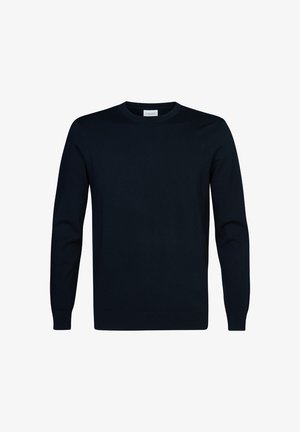 Granatowy sweter wykonany z miękkiego dzianiny, z okrągłym dekoltem i długimi rękawami, z prążkowanymi mankietami i dołem dla dopasowanego wyglądu.