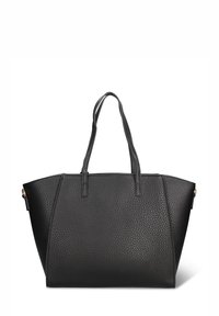 Zwarte leren handtas met textuur, voorzien van twee bovenhandvatten, een trapeziumvorm en gouden ritstrekkers aan elke zijde.