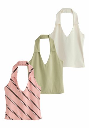 Drei ärmellose Neckholder-Tops mit tiefem V-Ausschnitt in Pink mit diagonalen Streifen, einfarbig hellgrün und einfarbig cremeweiß auf weißem Hintergrund.