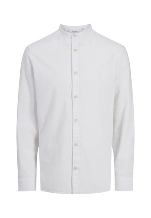 Camicia bianca in lino con colletto alla cinese, maniche lunghe e chiusura con bottoni. Presenta un tessuto leggermente testurizzato e una vestibilità standard.