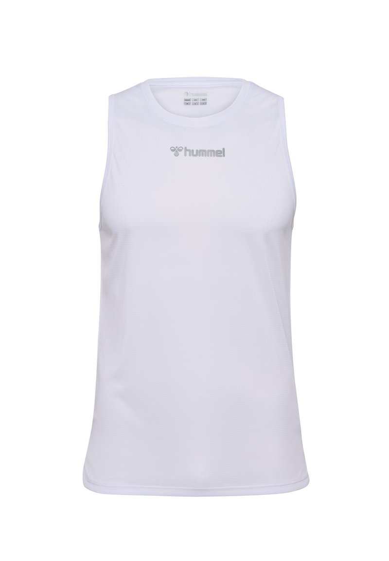Vitt ärmlöst sportlinne tillverkat av lättviktsmaterial. Har en rund halsringning och "hummel"-logotypen i silver på bröstet.