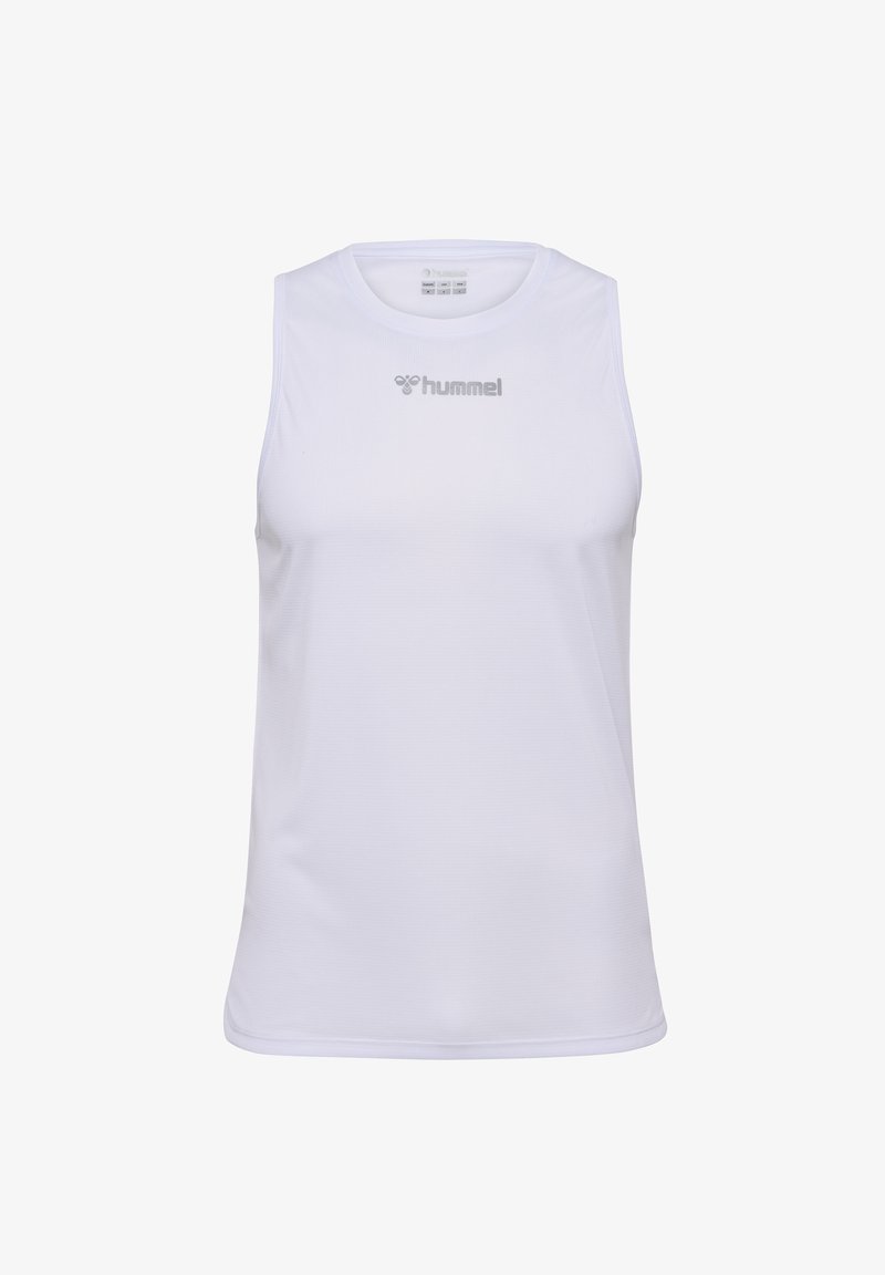 Vitt ärmlöst sportlinne tillverkat av lättviktsmaterial. Har en rund halsringning och "hummel"-logotypen i silver på bröstet.