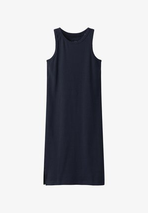 Námořnické bezrukávové šaty z žebrované látky s kulatým výstřihem a bočním rozparkem, se rovnou siluetou a bez dalších ozdob.