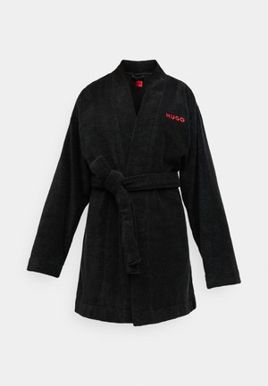Black terry cloth bathrobe featuring a belt, long sleeves, and a shawl collar with red "HUGO" logo embroidered on the left chest.