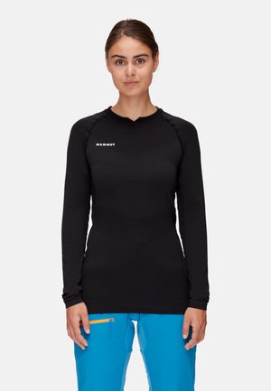 Black long-sleeve shirt with a round neckline and textured detailing. Features the logo "MAMMUT" in white on the upper left chest.