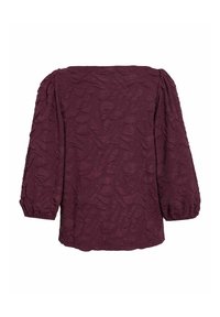 Bordová textura blůza s nabíranými dlouhými rukávy, s vrásčitou povrchovou úpravou a čtvercovým výstřihem, vyrobená z lehkého materiálu.