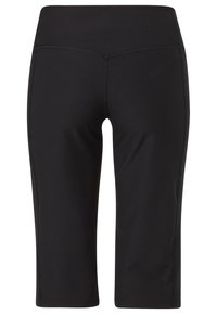 Mustat capri-legginssit, joissa on sileä, joustava kangas, leveä vyötärökaitale ja hillityt ompelusauman yksityiskohdat.