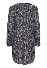 Robe à imprimé floral noir avec manches longues, ourlet arrondi et coupe ample. Le design présente des motifs floraux complexes en tons de gris et de marron.