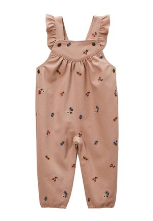 Salopette rose pour tout-petit avec bretelles à volant et petites fleurs et cerises brodées dispersées sur le tissu.
