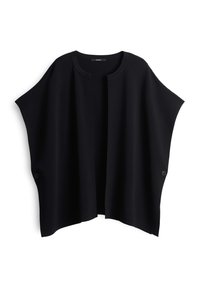 Cardigan en tricot noir avec un devant ouvert, des manches larges et deux boutons sur les côtés. Texture douce et design minimaliste. Aucune motif visible.
