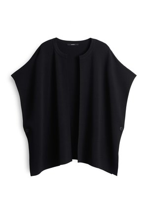 Cardigan nero in maglia con apertura frontale, maniche ampie e due bottoni sui lati. Texture morbida e design minimalista. Nessun motivo visibile.