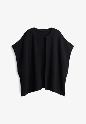 Cardigan nero in maglia con apertura frontale, maniche ampie e due bottoni sui lati. Texture morbida e design minimalista. Nessun motivo visibile.