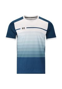 Kortärmad atletisk tröja i blå gradient, med en vit rundhals, ränder och "FZ"-logotyp på övre vänstra sidan. Slät tygtextur.