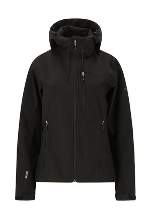 Zwarte softshell jack met een capuchon, ritszakken, verstelbare manchetten en waterdicht materiaal. Kenmerkt zich door een slank, modern ontwerp.
