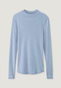 Hellblaues Langarmshirt mit hohem, rundem Halsausschnitt. Hergestellt aus glattem Stoff, hat einen leicht abgerundeten Saum und enganliegende Bündchen.