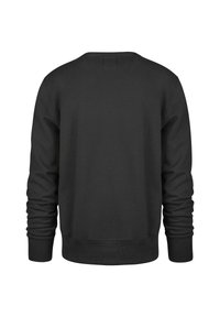 Sudadera negra con mangas largas, cuello redondo y corte relajado. La tela parece suave, con un color sólido y un detalle mínimo.