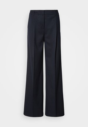 Wide-leg trousers in dark navy, made from smooth fabric. Features a tailored waistband and front pleats, designed for a relaxed fit.