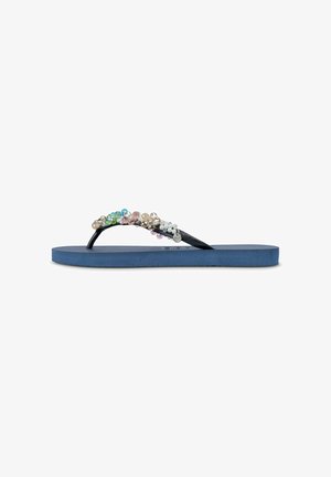 Flip-flop with a blue foam sole, black thong strap featuring colorful decorative beads in various sizes and shapes, enhancing the design.