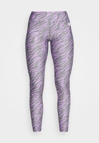 Purple and gray tiger-striped leggings with a high waistband, smooth texture, and logo accent on the lower leg.