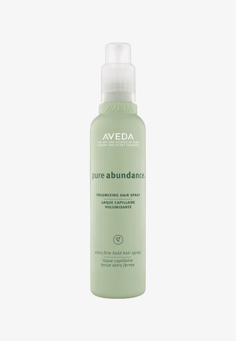 Aveda Pure Abundance Volumizing Haar Spray in een bevroren lichtgroene fles, met een pomp spray bovenkant en getextureerde verticale lijnen.