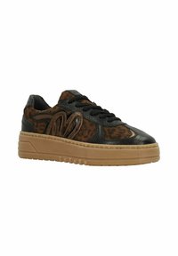 Zwarte en bruine sneakers met luipaardprint, van gestructureerd leer en een chunky beige zool, met zwarte veters en zijdetails in logo.