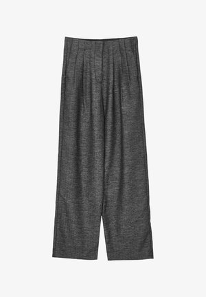 Pantaloni grigi plissettati realizzati in tessuto testurizzato. Design a gamba larga con vita a media altezza. Taglio progettato per un fit rilassato.