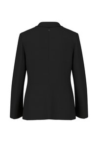 Schwarzer Blazer mit langen Ärmeln, rundem Kragen und verlängertem Rücken. Glatte Oberfläche mit einer zentralen Naht und einem dezenten Knopfverschluss.