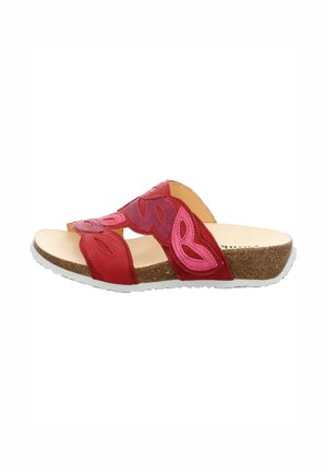 Rote Sandale mit Riemen, verziert mit pinken und lila Blumenmustern, Korksohle und weißer profillierter Unterseite, entworfen für den Freizeitgebrauch.