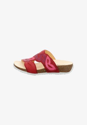 Rote Sandale mit Riemen, verziert mit pinken und lila Blumenmustern, Korksohle und weißer profillierter Unterseite, entworfen für den Freizeitgebrauch.