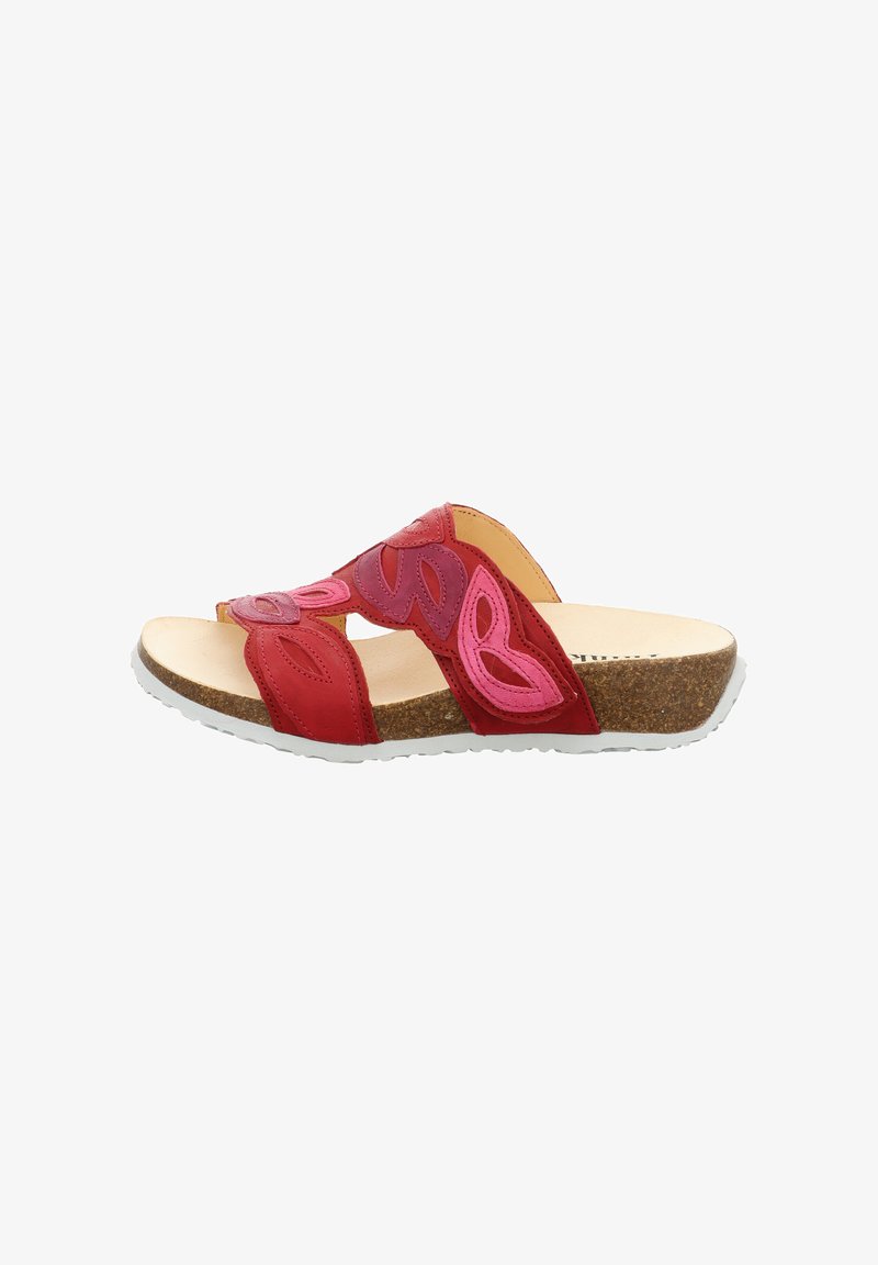 Rode slidesandaal met roze en paarse bloemmotieven, kurken zool en wit geribbeld loopvlak, ontworpen voor casual gebruik.