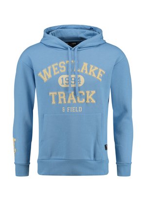 Sudadera azul claro de algodón. Presenta un bolsillo canguro, cordones y el texto "WESTLAKE TRACK & FIELD" impreso en amarillo.