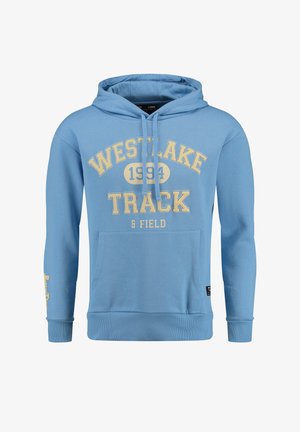 Lichtblauwe hoodie van katoen. Heeft een kangoeroezak, trekkoorden en de tekst "WESTLAKE TRACK & FIELD" in gele druk.