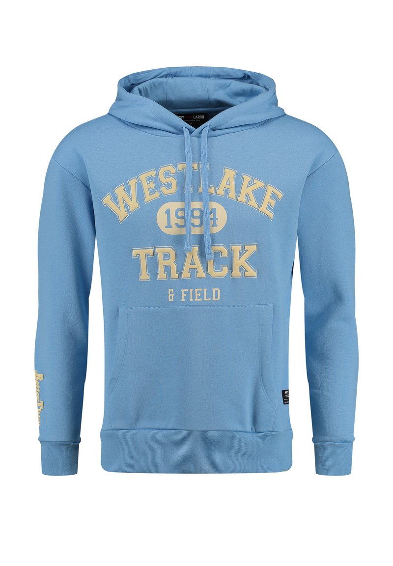 Felpa leggera blu in cotone. Presenta una tasca a marsupio, cordini e la scritta "WESTLAKE TRACK & FIELD" stampata in giallo.