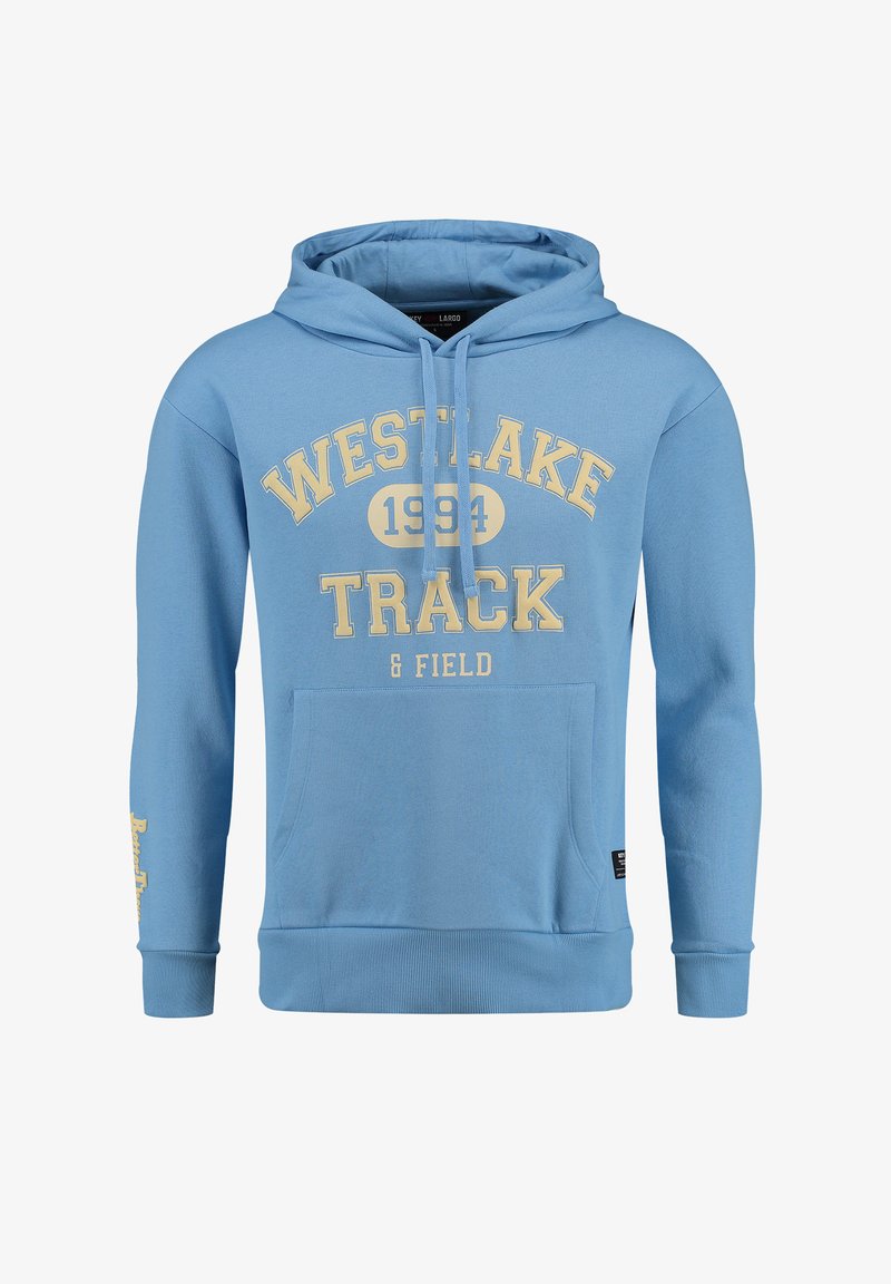 Felpa leggera blu in cotone. Presenta una tasca a marsupio, cordini e la scritta "WESTLAKE TRACK & FIELD" stampata in giallo.